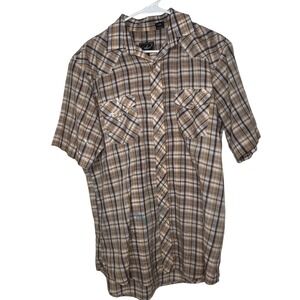 Roper Western Shirt Mens Large Pearl Snaps Plaid Blue Brown Distressed Thrashed